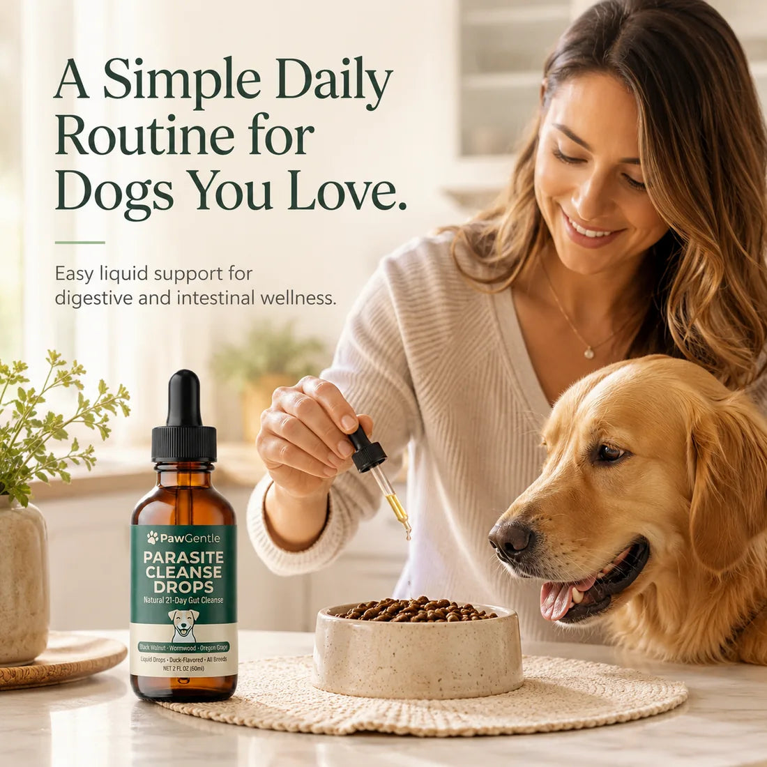 Dog owner adding PawGentle liquid drops to a bowl of dog food
